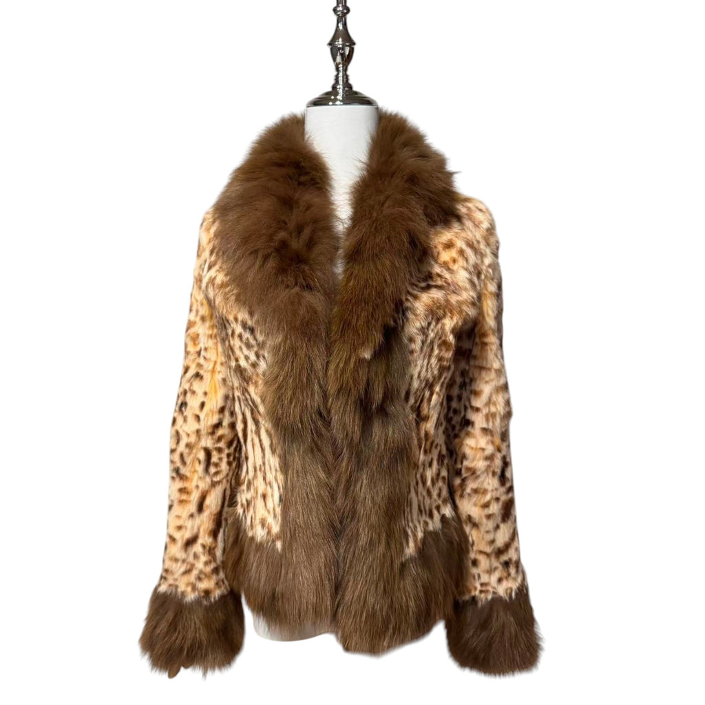 VIAGGIO BLU RABBIT FUR COAT LEOPARD PRINT FOX FUR COLLAR SIZE S JAPAN - image 3