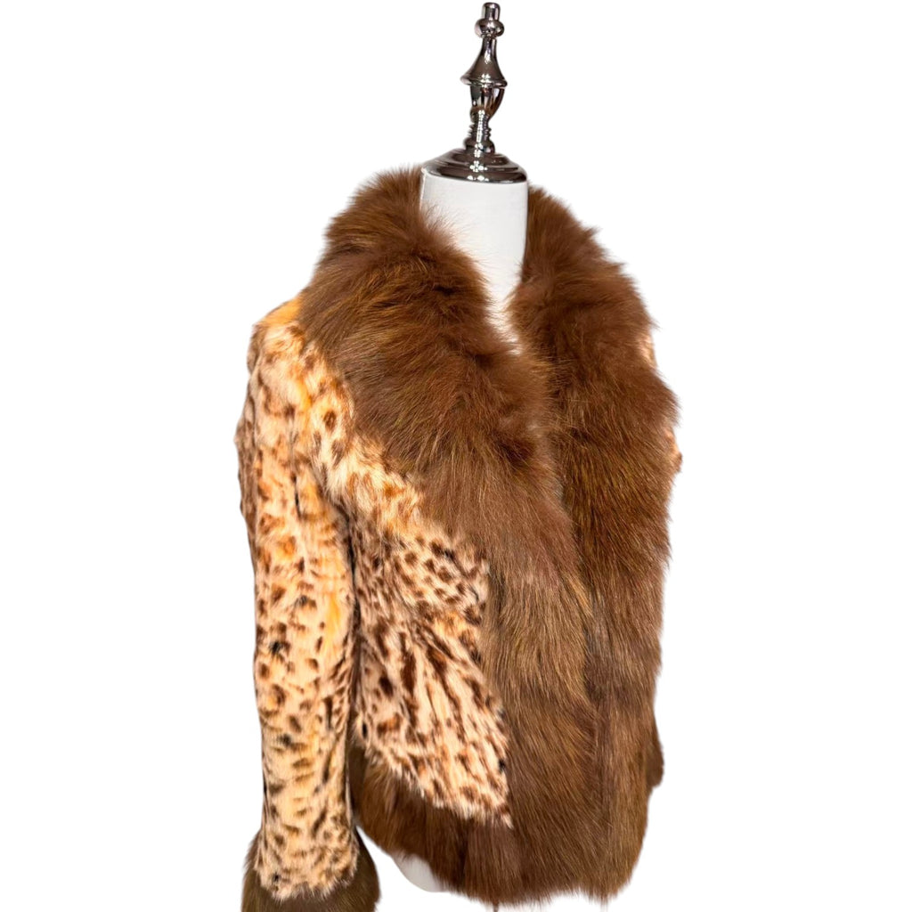 VIAGGIO BLU RABBIT FUR COAT LEOPARD PRINT FOX FUR COLLAR SIZE S JAPAN - image 5