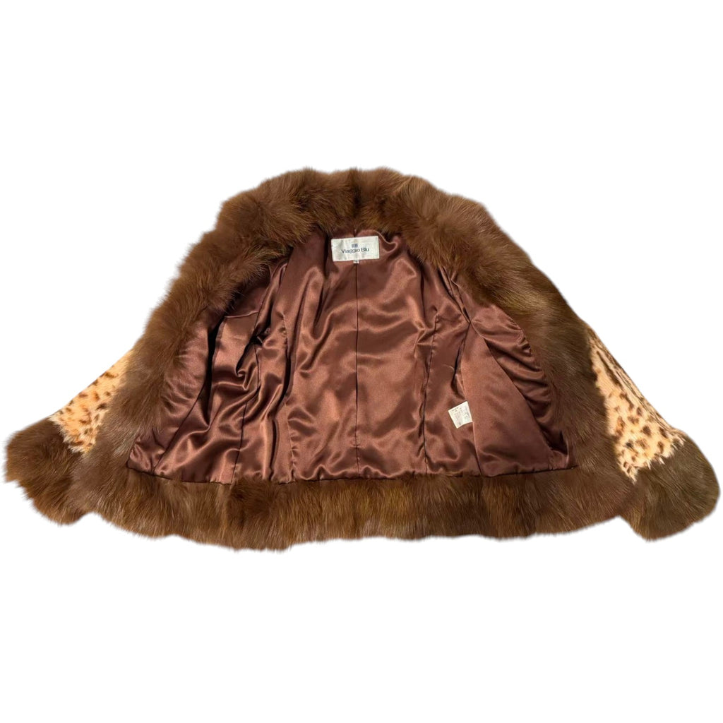VIAGGIO BLU RABBIT FUR COAT LEOPARD PRINT FOX FUR COLLAR SIZE S JAPAN - image 6