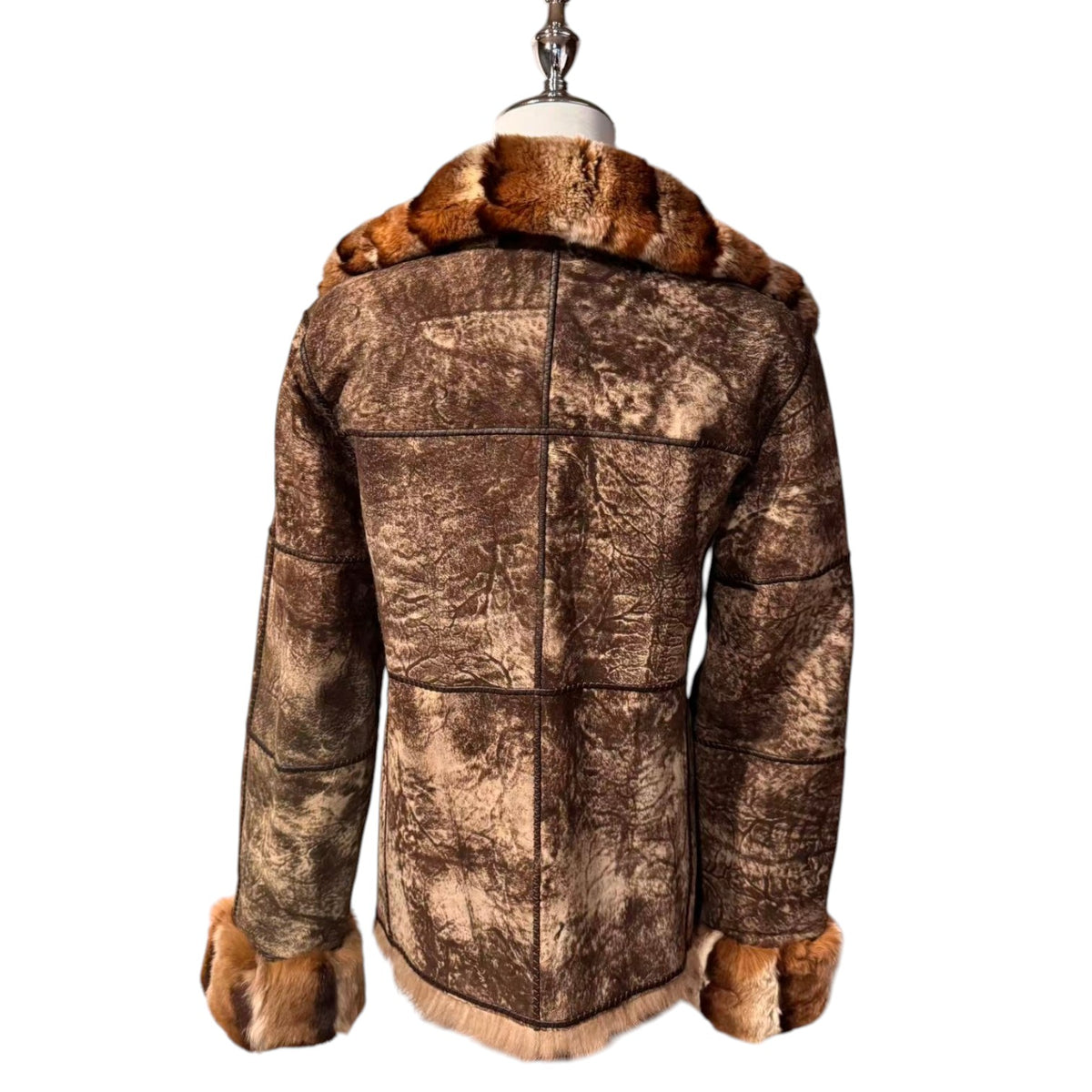 SHEEPSKIN SHEARLING COAT REX RABBIT FUR COLLAR LEOPARD PRINT SIZE M - 4