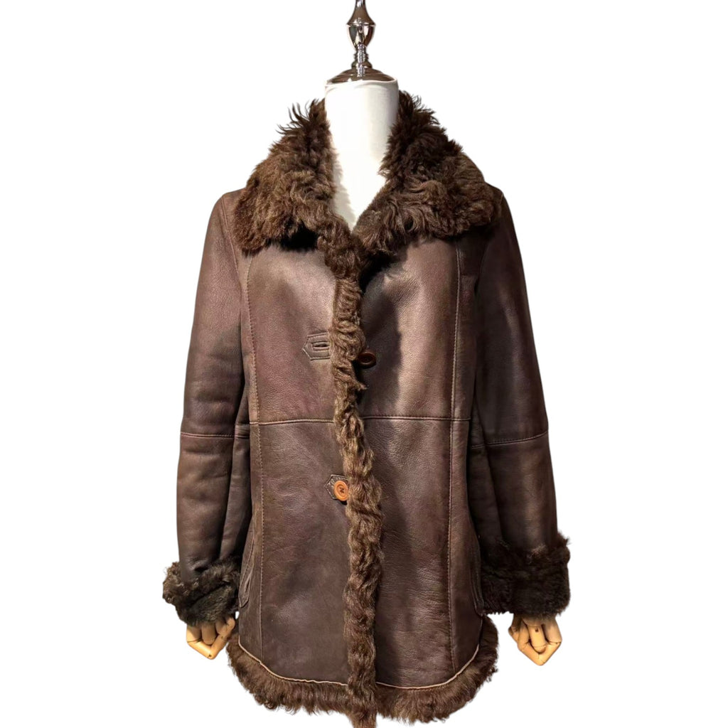 SHEEPSKIN SHEARLING LEATHER COAT MID-LENGTH BROWN WARM SIZE L JAPAN - 1