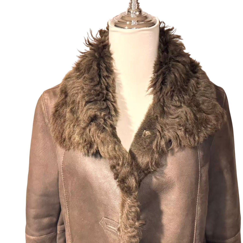 SHEEPSKIN SHEARLING LEATHER COAT MID-LENGTH BROWN WARM SIZE L JAPAN - 2