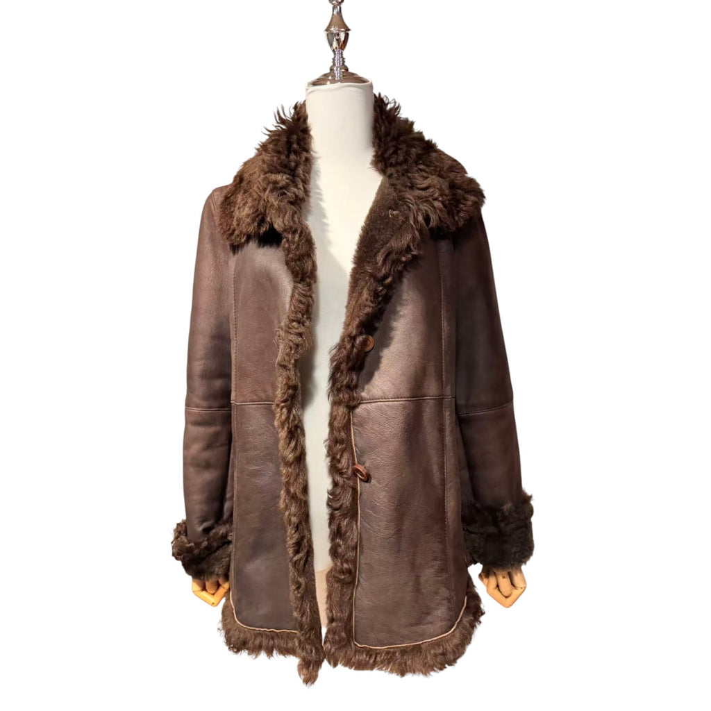 SHEEPSKIN SHEARLING LEATHER COAT MID-LENGTH BROWN WARM SIZE L JAPAN - 3
