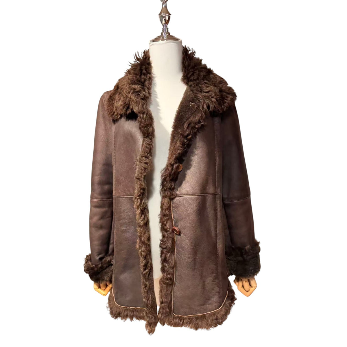 SHEEPSKIN SHEARLING LEATHER COAT MID-LENGTH BROWN WARM SIZE L JAPAN - 3