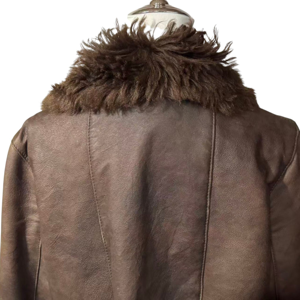 SHEEPSKIN SHEARLING LEATHER COAT MID-LENGTH BROWN WARM SIZE L JAPAN - 5
