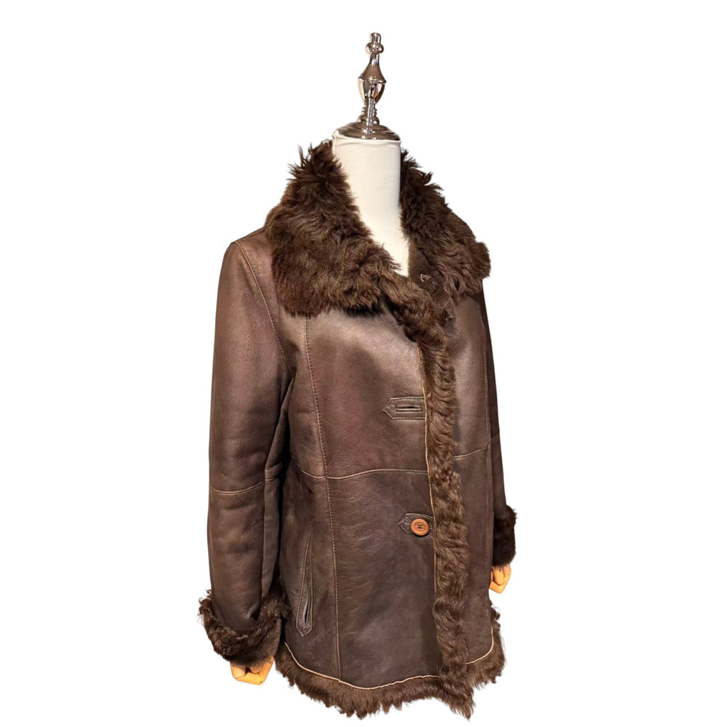 SHEEPSKIN SHEARLING LEATHER COAT MID-LENGTH BROWN WARM SIZE L JAPAN - 6