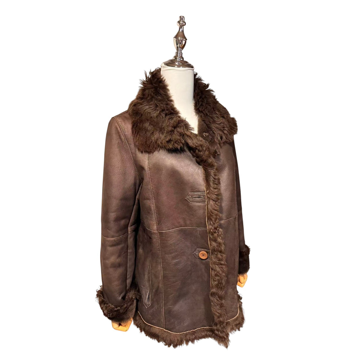 SHEEPSKIN SHEARLING LEATHER COAT MID-LENGTH BROWN WARM SIZE L JAPAN - 6