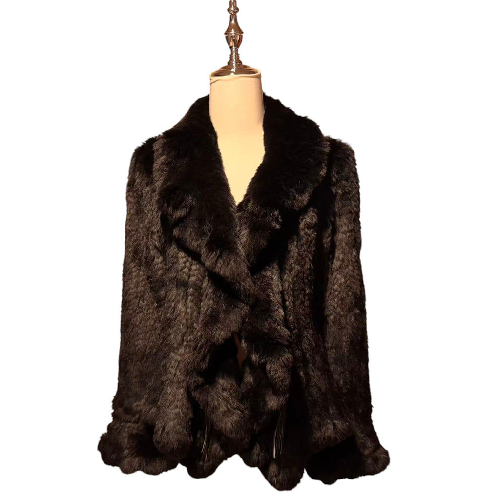 RABBIT FUR COAT KNITTED SHORT BLACK BIG COLLAR WARM SIZE M JAPAN - 1