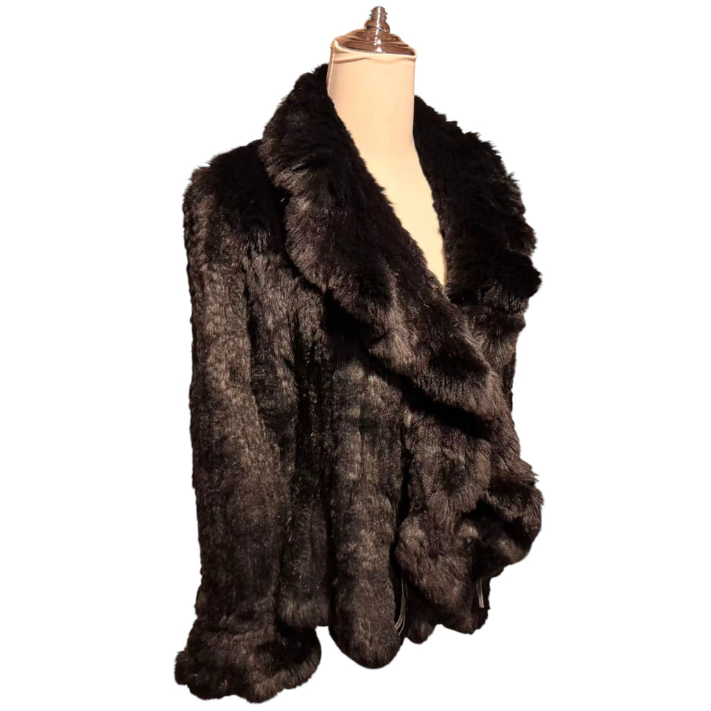 RABBIT FUR COAT KNITTED SHORT BLACK BIG COLLAR WARM SIZE M JAPAN - 3