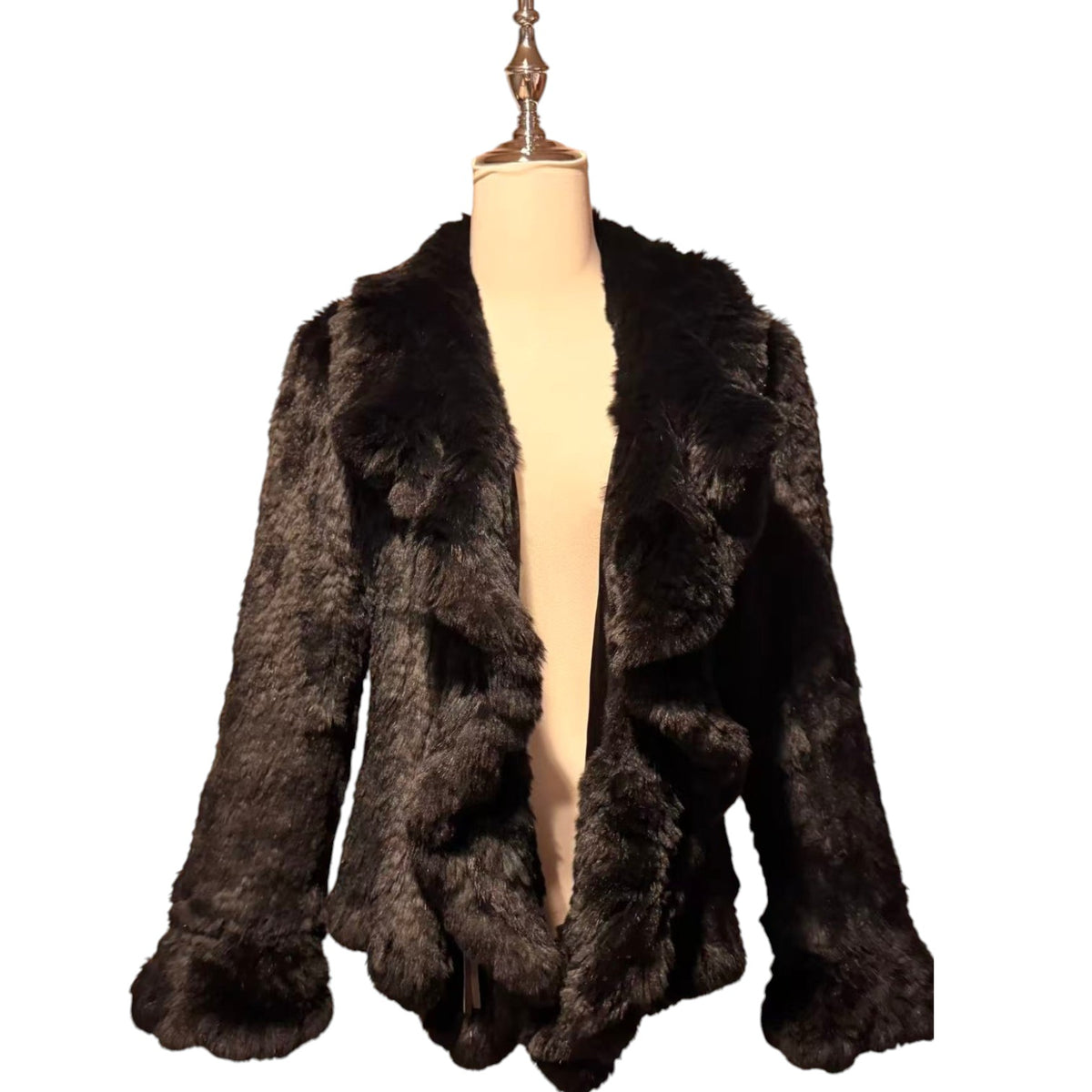 RABBIT FUR COAT KNITTED SHORT BLACK BIG COLLAR WARM SIZE M JAPAN - 4