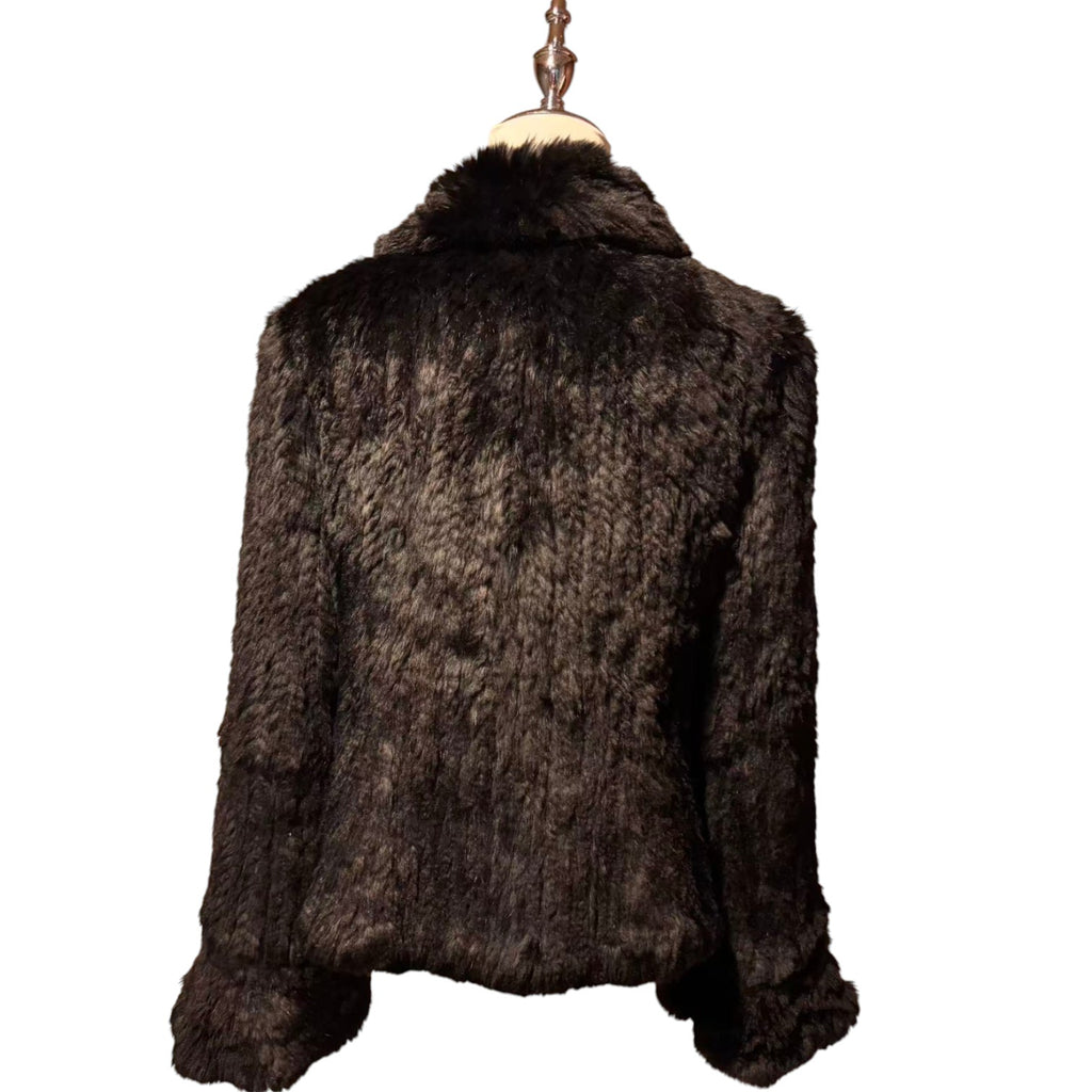 RABBIT FUR COAT KNITTED SHORT BLACK BIG COLLAR WARM SIZE M JAPAN - 5