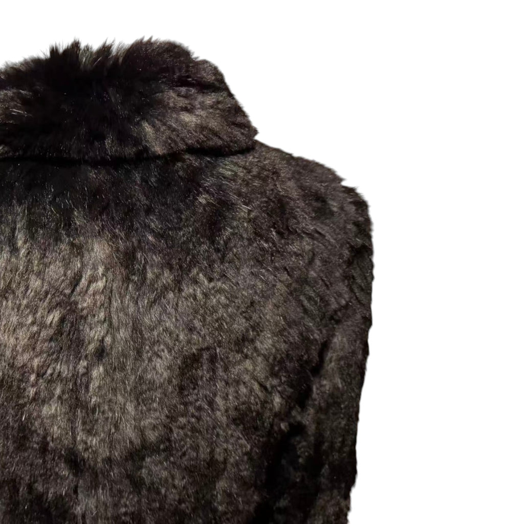 RABBIT FUR COAT KNITTED SHORT BLACK BIG COLLAR WARM SIZE M JAPAN - 6