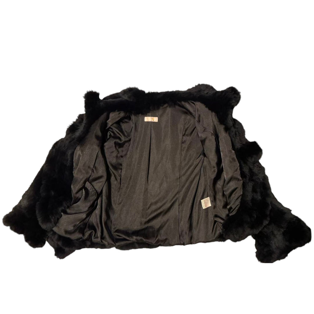 RABBIT FUR COAT KNITTED SHORT BLACK BIG COLLAR WARM SIZE M JAPAN - 7