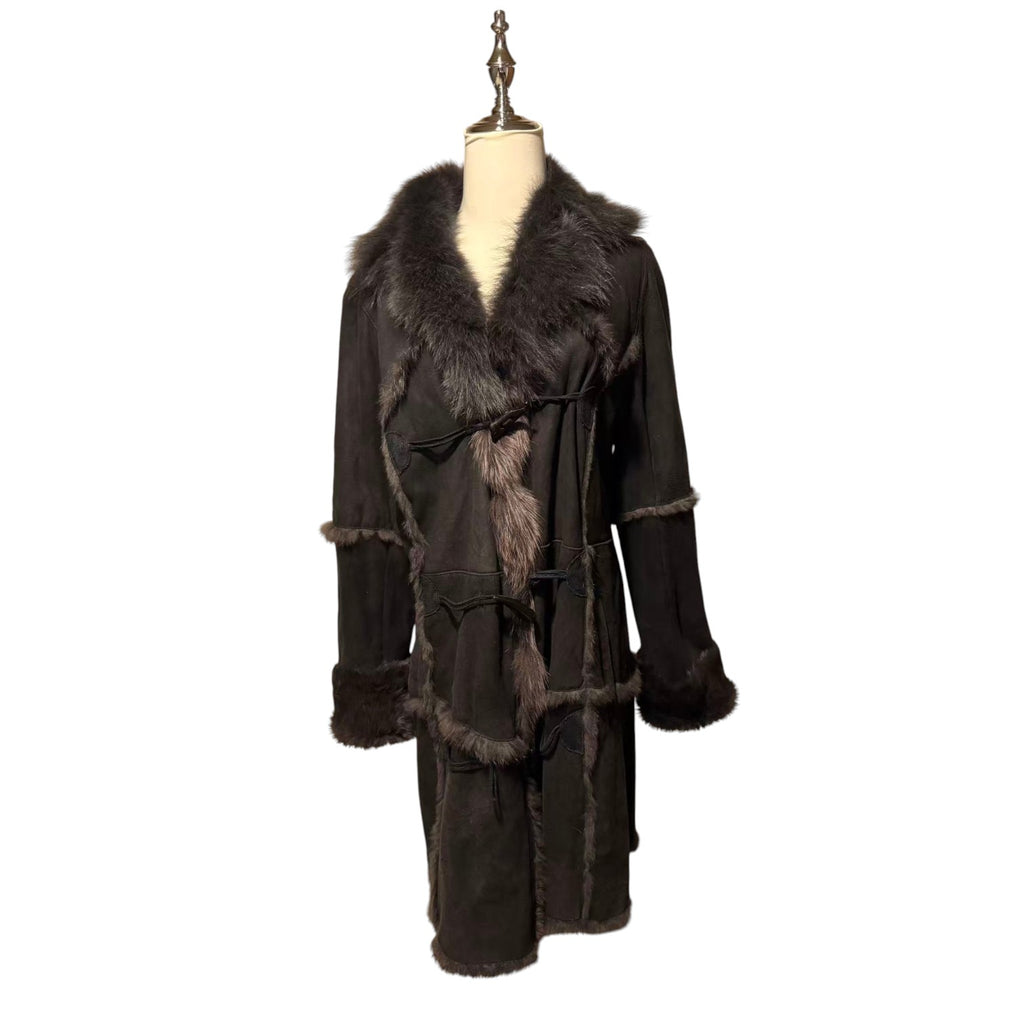 SHEEPSKIN SHEARLING LEATHER COAT FOX FUR COLLAR LONG BLACK SIZE M - 1