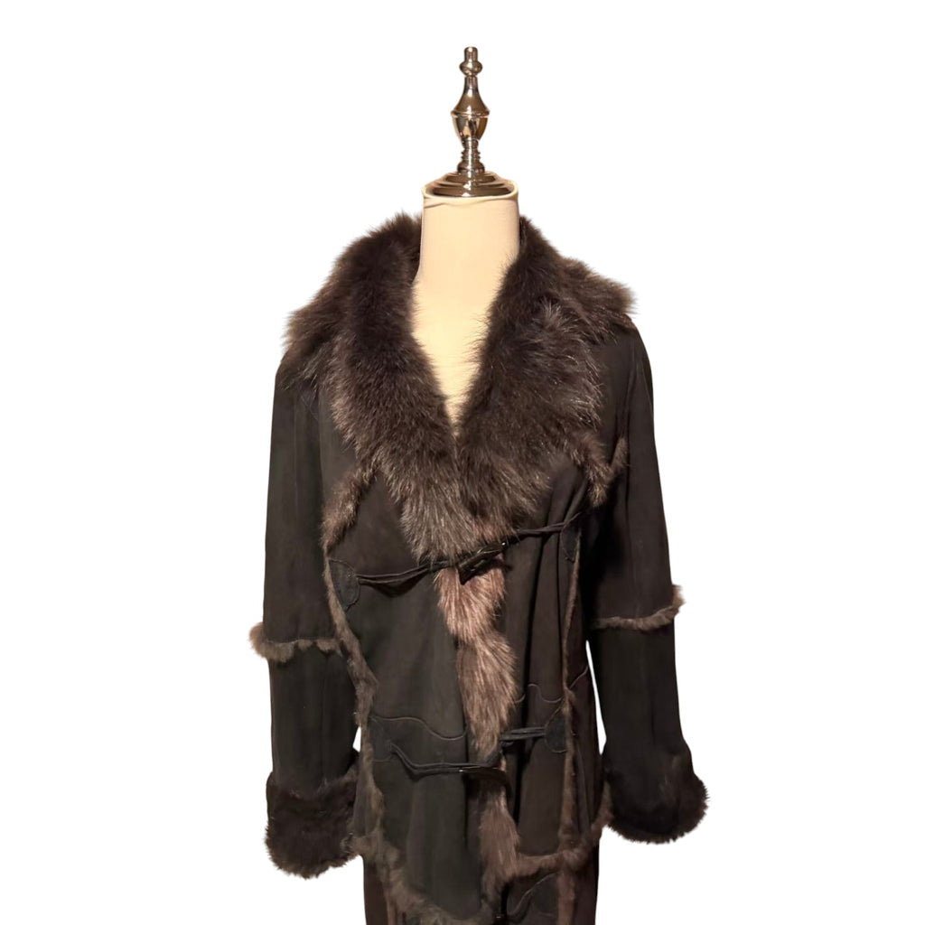 SHEEPSKIN SHEARLING LEATHER COAT FOX FUR COLLAR LONG BLACK SIZE M - 2