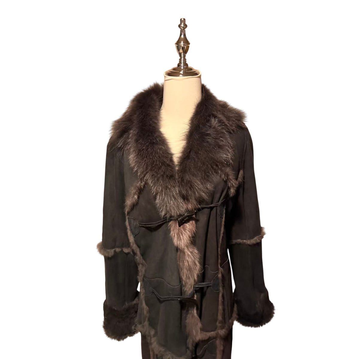SHEEPSKIN SHEARLING LEATHER COAT FOX FUR COLLAR LONG BLACK SIZE M - 2