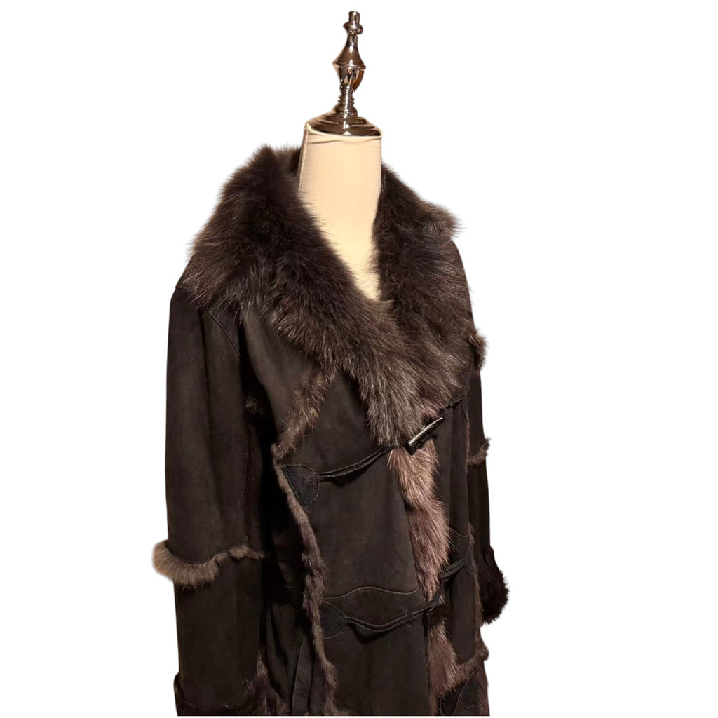 SHEEPSKIN SHEARLING LEATHER COAT FOX FUR COLLAR LONG BLACK SIZE M - 3