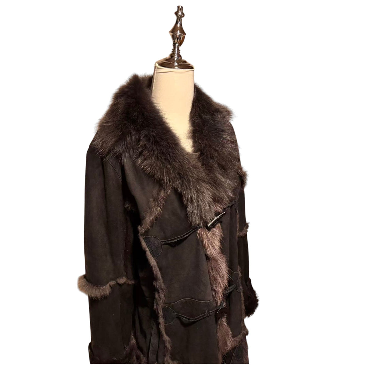 SHEEPSKIN SHEARLING LEATHER COAT FOX FUR COLLAR LONG BLACK SIZE M - 3