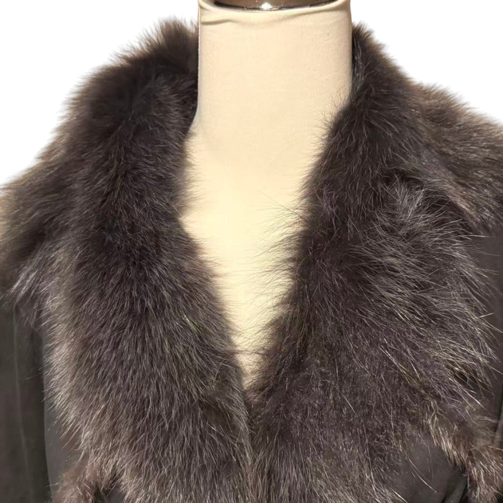 SHEEPSKIN SHEARLING LEATHER COAT FOX FUR COLLAR LONG BLACK SIZE M - 4