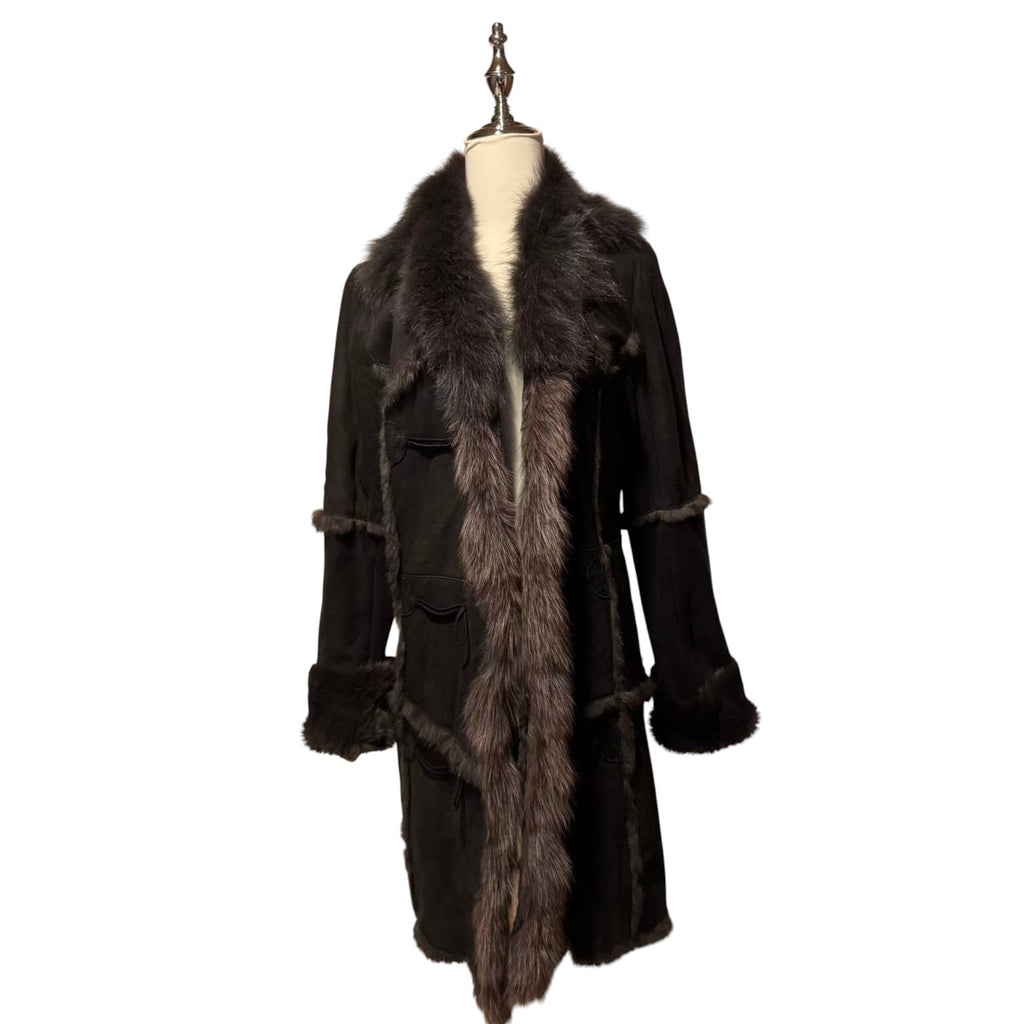 SHEEPSKIN SHEARLING LEATHER COAT FOX FUR COLLAR LONG BLACK SIZE M - 5