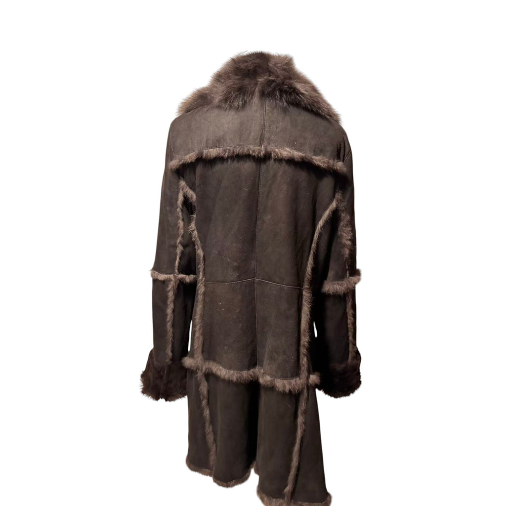SHEEPSKIN SHEARLING LEATHER COAT FOX FUR COLLAR LONG BLACK SIZE M - 6