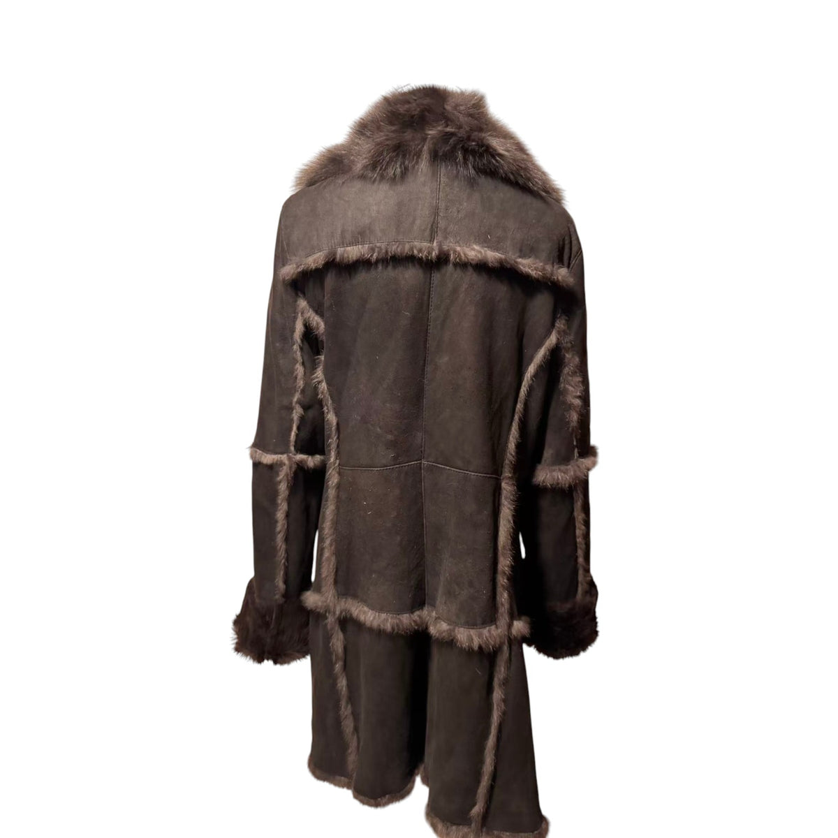SHEEPSKIN SHEARLING LEATHER COAT FOX FUR COLLAR LONG BLACK SIZE M - 6