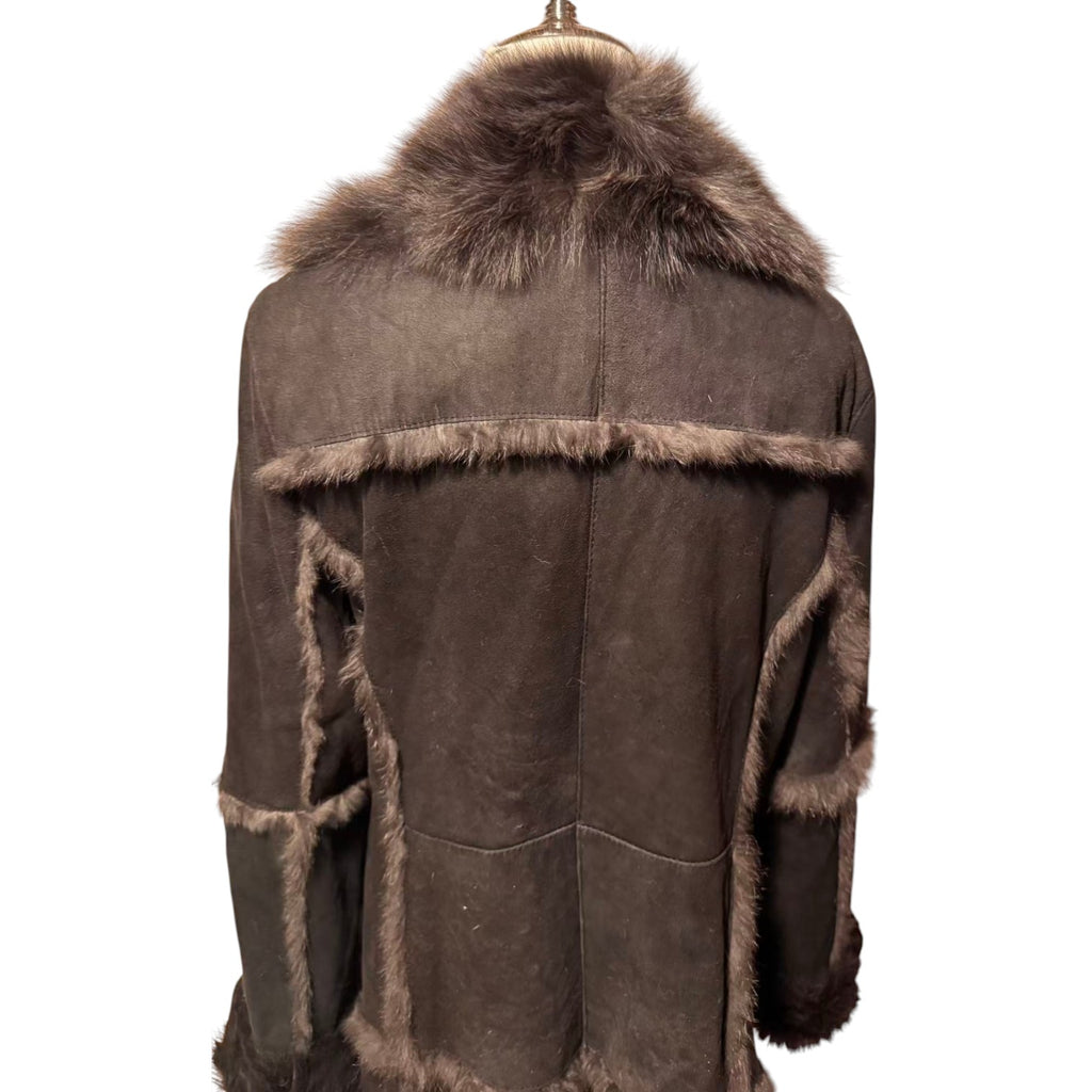 SHEEPSKIN SHEARLING LEATHER COAT FOX FUR COLLAR LONG BLACK SIZE M - 7
