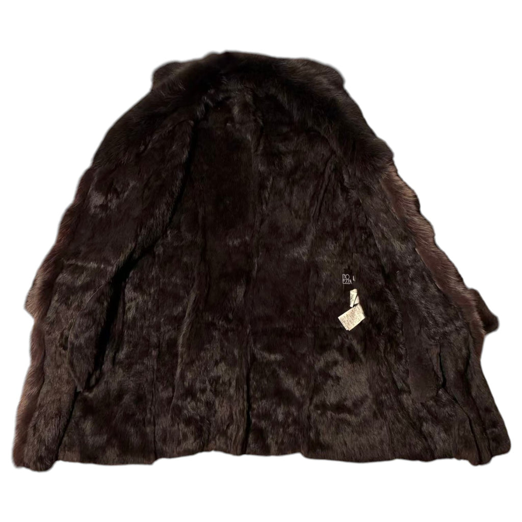SHEEPSKIN SHEARLING LEATHER COAT FOX FUR COLLAR LONG BLACK SIZE M - 8