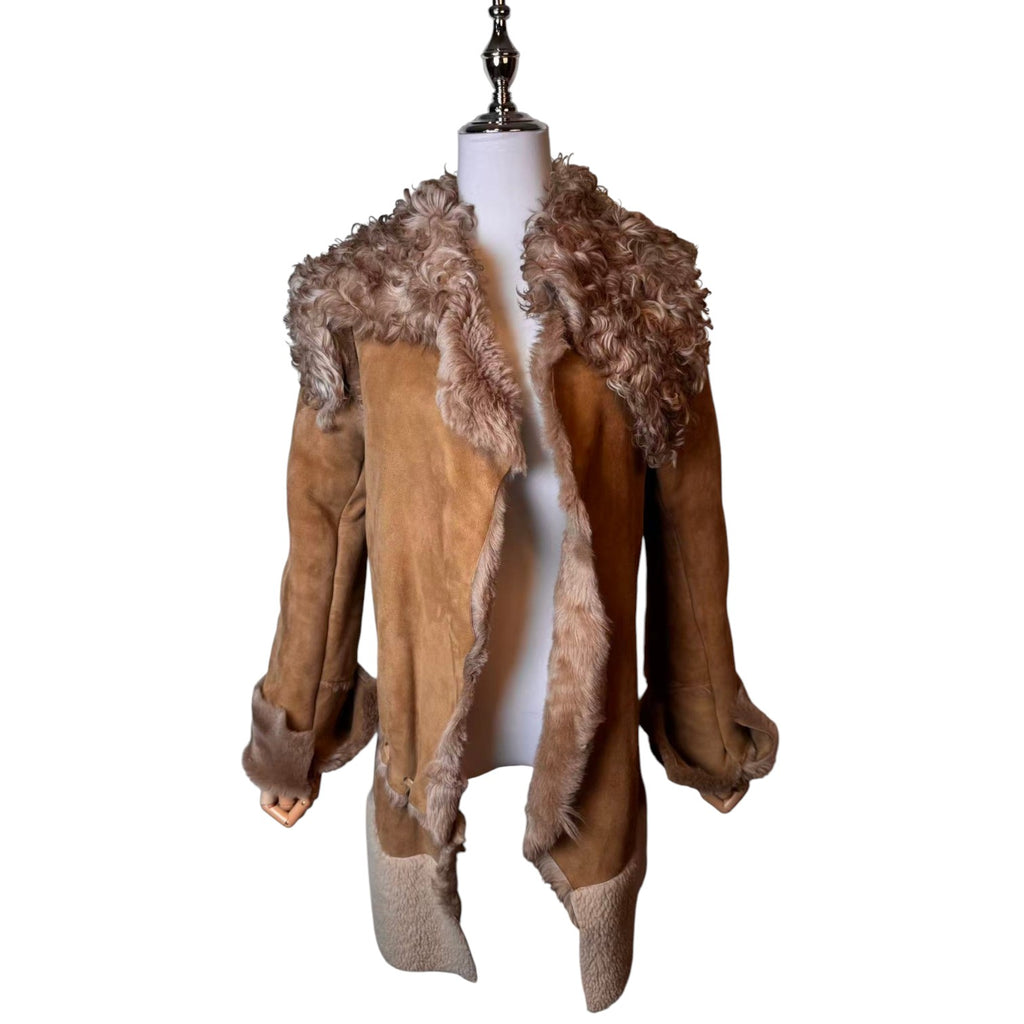 SHEEPSKIN SHEARLING LONG COAT TIBETAN LAMB FUR COLLAR SIZE M ITALY image 1
