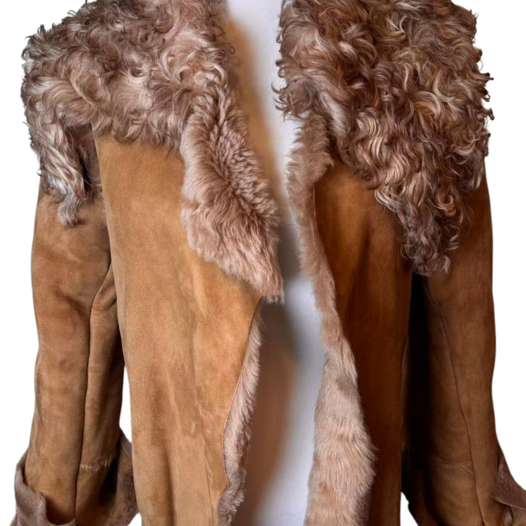 SHEEPSKIN SHEARLING LONG COAT TIBETAN LAMB FUR COLLAR SIZE M ITALY image 2