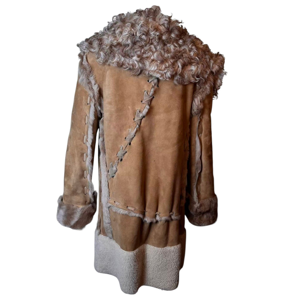 SHEEPSKIN SHEARLING LONG COAT TIBETAN LAMB FUR COLLAR SIZE M ITALY image 5