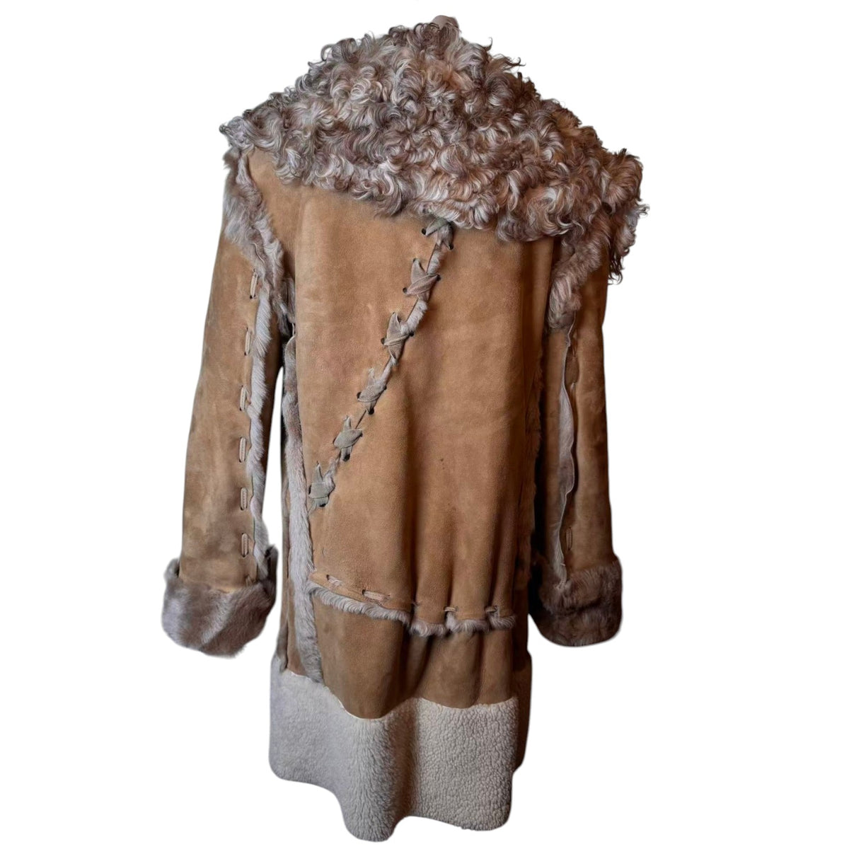 SHEEPSKIN SHEARLING LONG COAT TIBETAN LAMB FUR COLLAR SIZE M ITALY image 5
