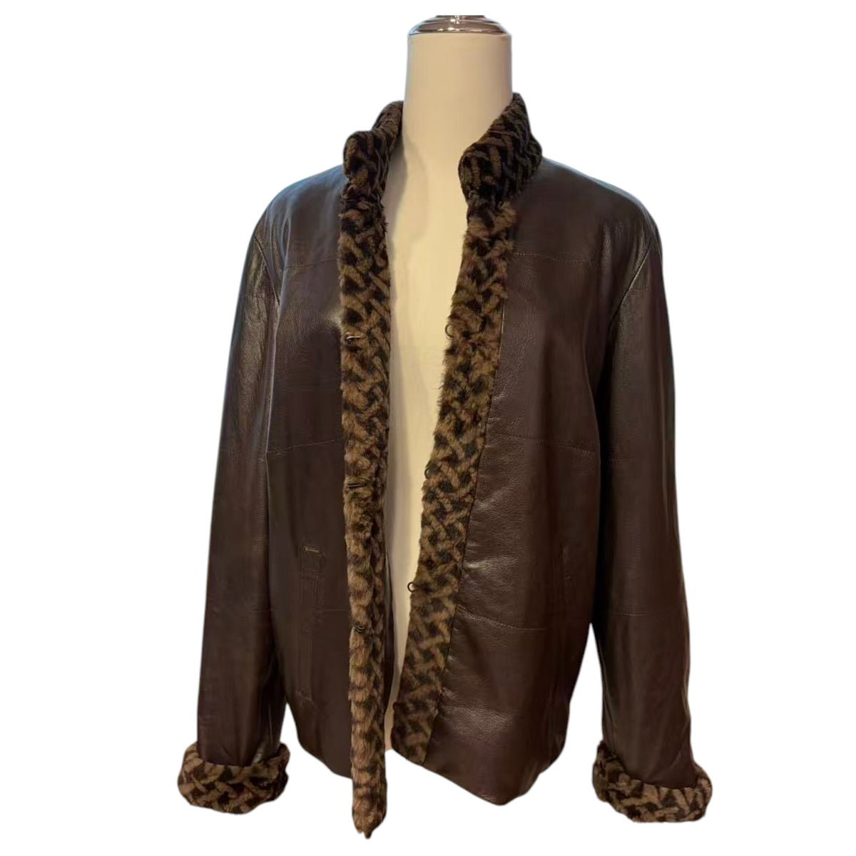 BALMAIN PARIS VINTAGE REAL SHEEPSKIN LEATHER JACKET COAT LEOPARD FUR TRIM SIZE 9 M FROM JAPAN - image 5