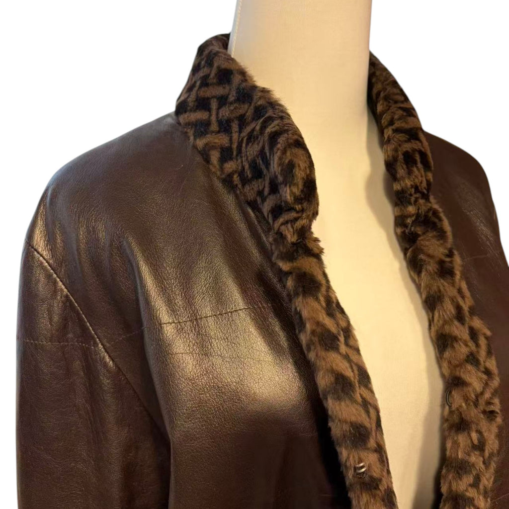 BALMAIN PARIS VINTAGE REAL SHEEPSKIN LEATHER JACKET COAT LEOPARD FUR TRIM SIZE 9 M FROM JAPAN - image 6