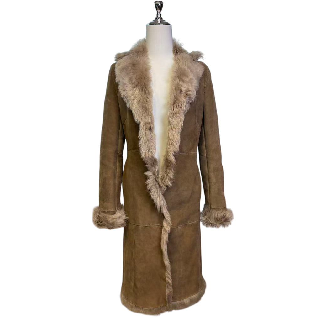 REAL SHEEPSKIN SHEARLING LEATHER COAT JACKET LONG BIG FUR COLLAR WARM TAUPE BROWN FROM JAPAN - image 1