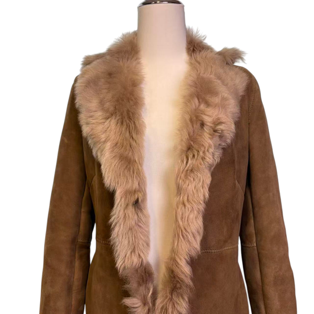 REAL SHEEPSKIN SHEARLING LEATHER COAT JACKET LONG BIG FUR COLLAR WARM TAUPE BROWN FROM JAPAN - image 2