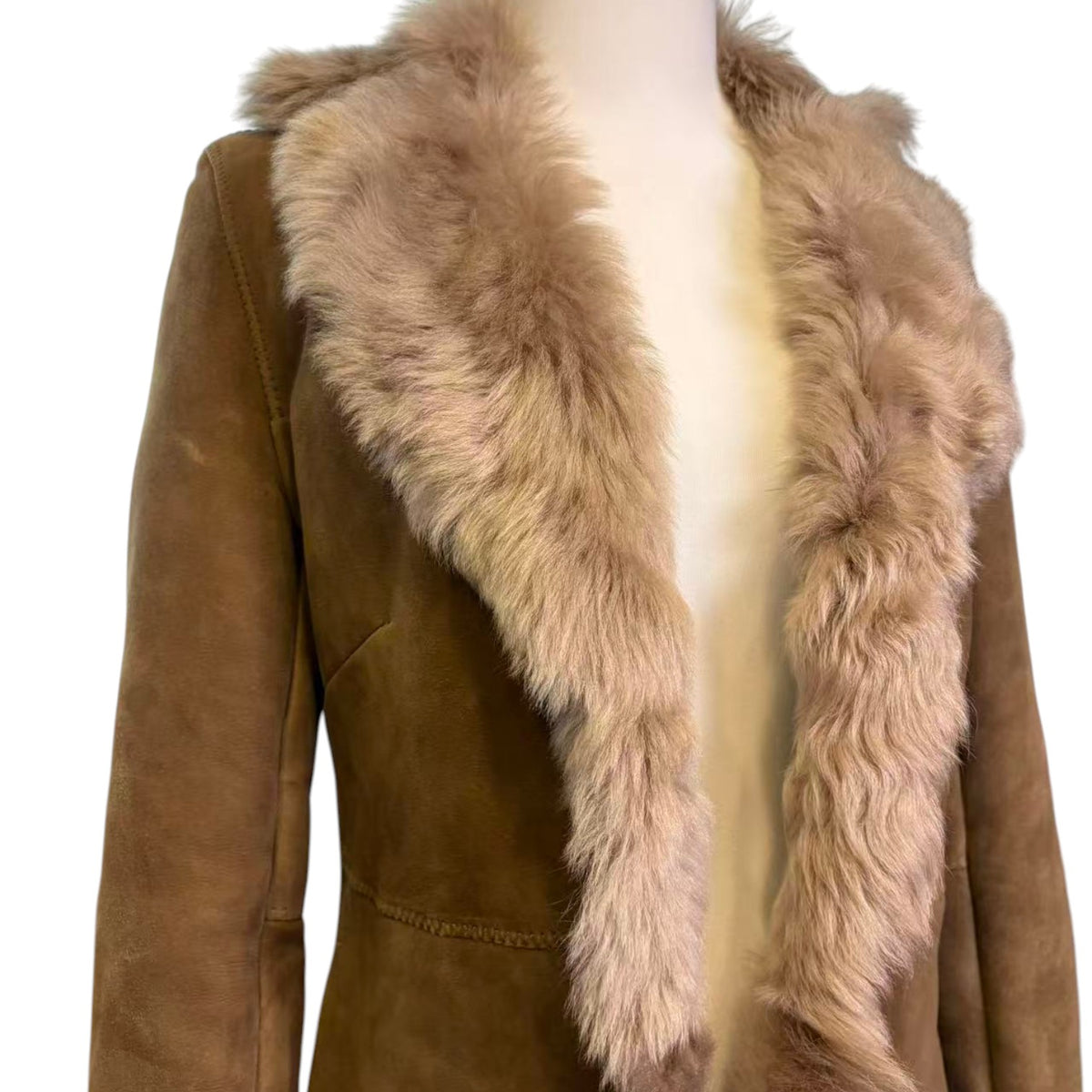 REAL SHEEPSKIN SHEARLING LEATHER COAT JACKET LONG BIG FUR COLLAR WARM TAUPE BROWN FROM JAPAN - image 3