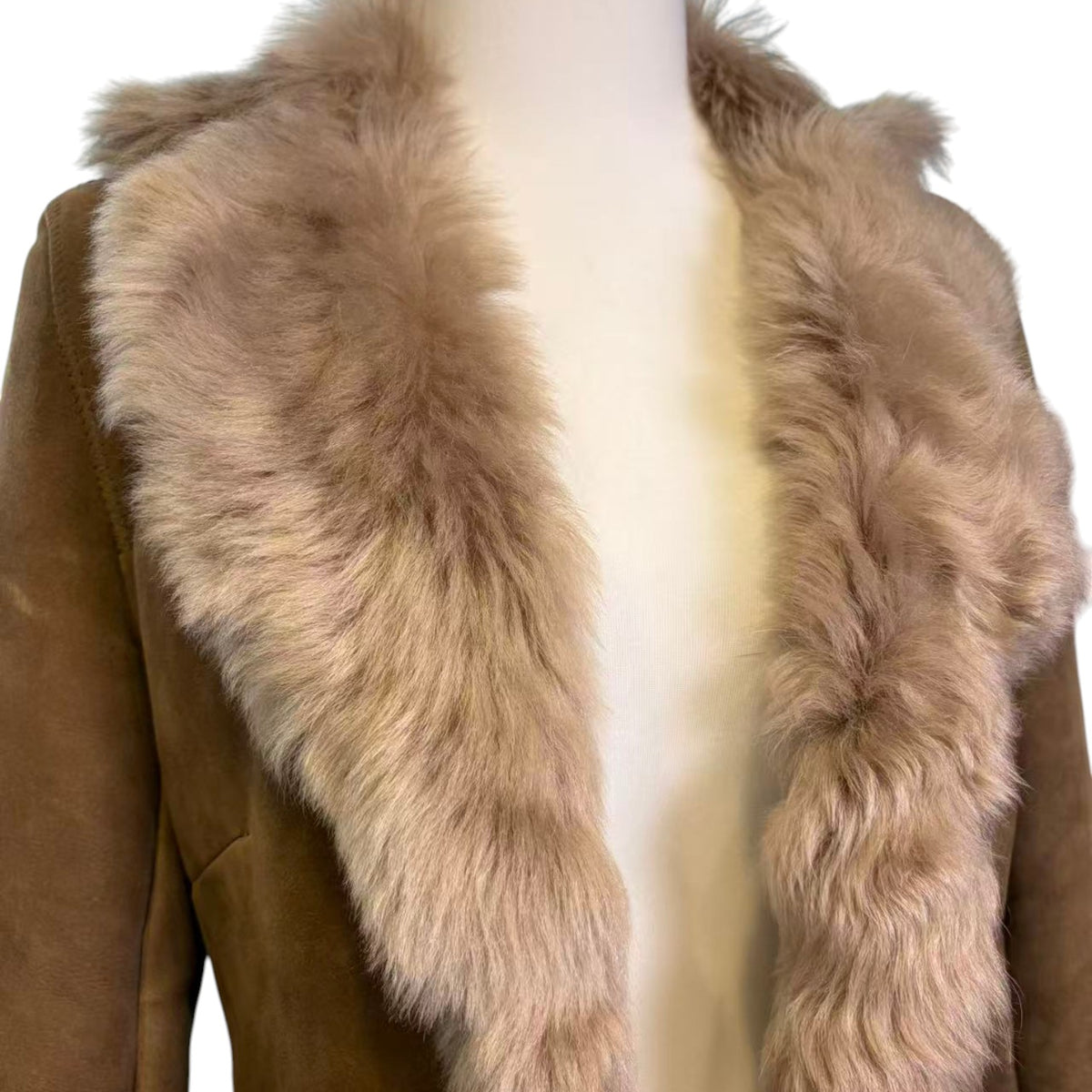 REAL SHEEPSKIN SHEARLING LEATHER COAT JACKET LONG BIG FUR COLLAR WARM TAUPE BROWN FROM JAPAN - image 4