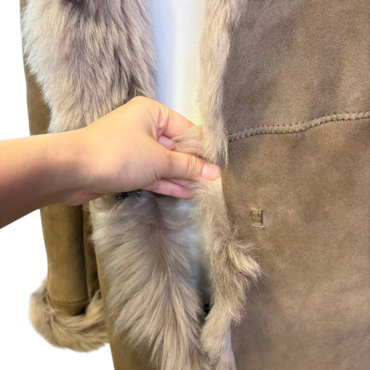 REAL SHEEPSKIN SHEARLING LEATHER COAT JACKET LONG BIG FUR COLLAR WARM TAUPE BROWN FROM JAPAN - image 6