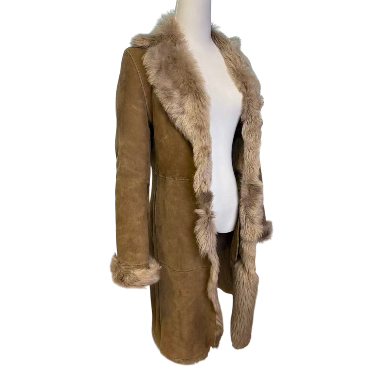 REAL SHEEPSKIN SHEARLING LEATHER COAT JACKET LONG BIG FUR COLLAR WARM TAUPE BROWN FROM JAPAN - image 7