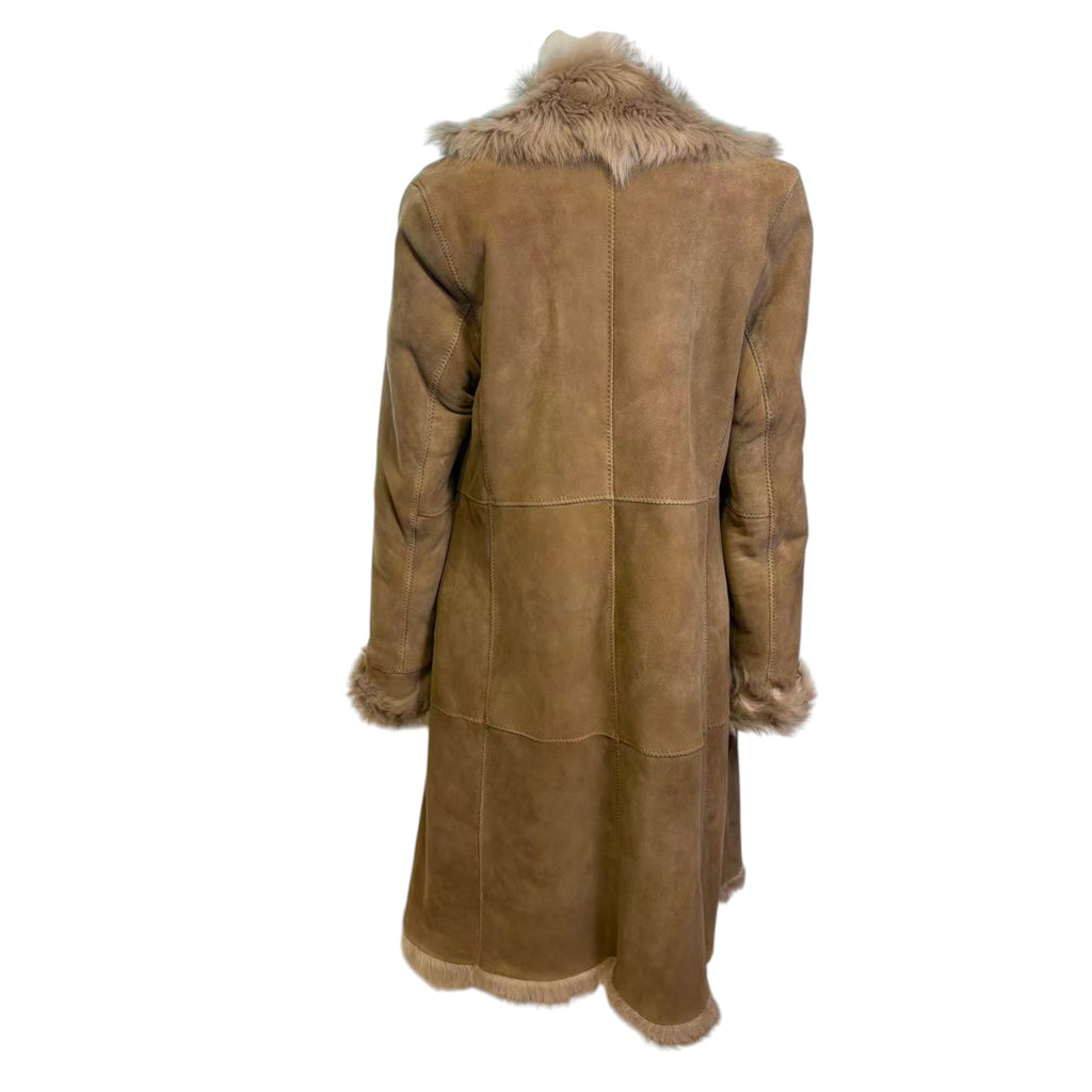 REAL SHEEPSKIN SHEARLING LEATHER COAT JACKET LONG BIG FUR COLLAR WARM TAUPE BROWN FROM JAPAN - image 8