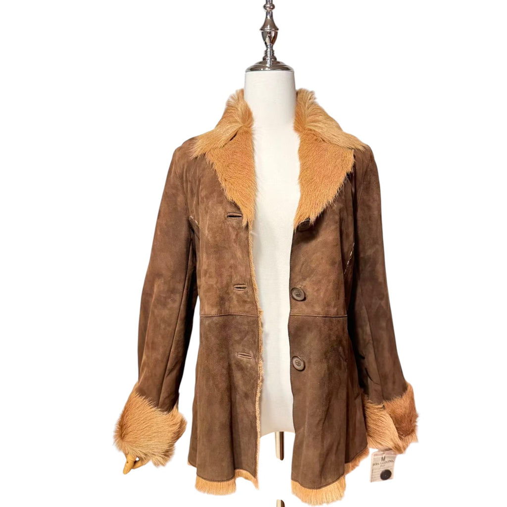 MODA VALENTINO REAL SHEEPSKIN SHEARLING FUR COAT SHORT JACKET BROWN SIZE M