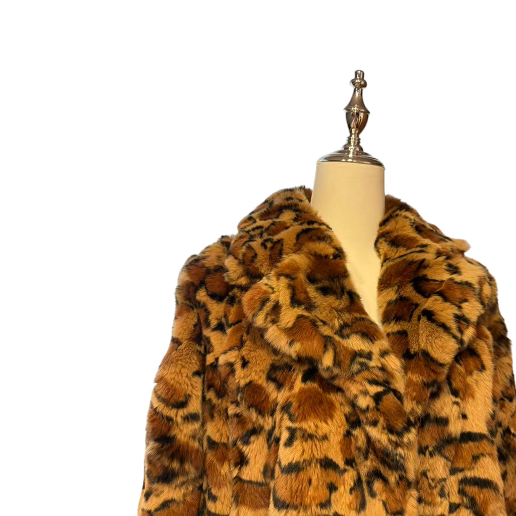 REAL REX RABBIT FUR COAT JACKET LEOPARD PRINT MID-LENGTH THICK WARM FROM JAPAN - image 6