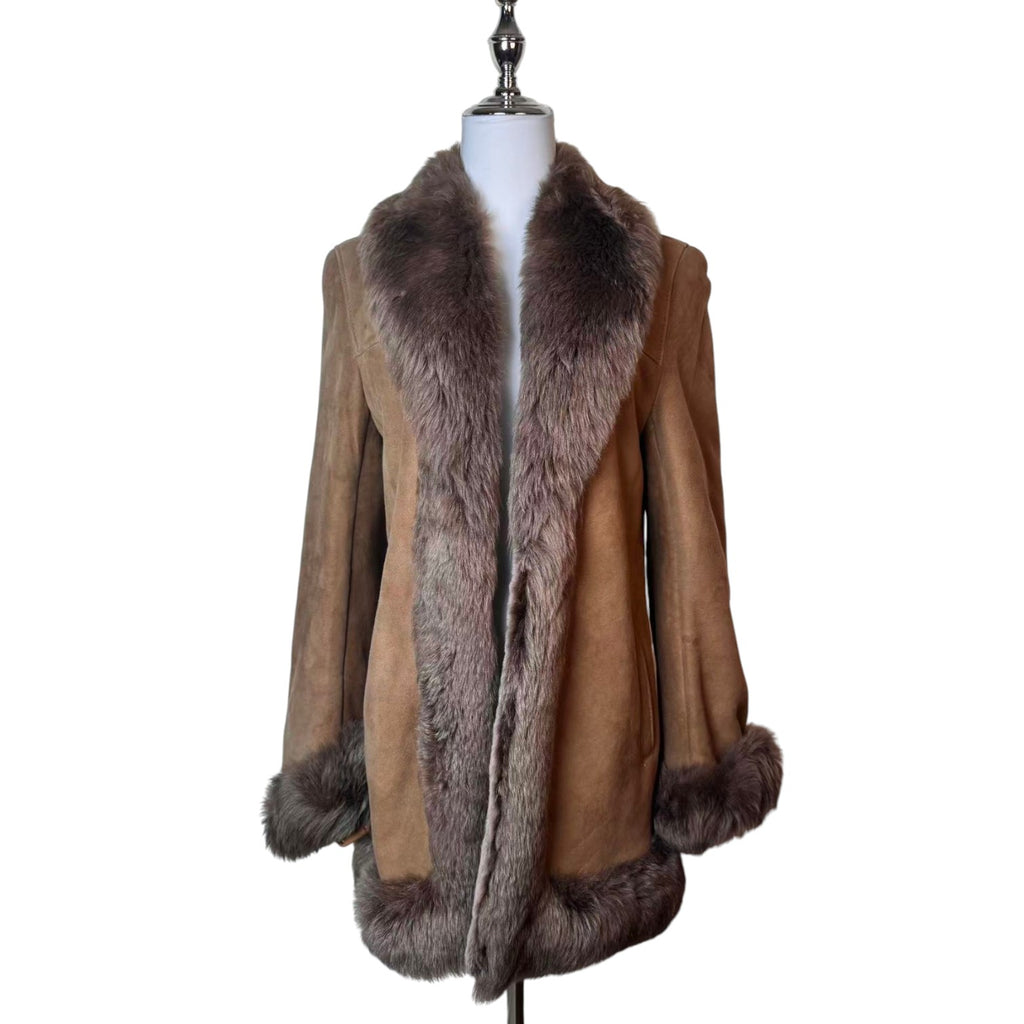 SHEEPSKIN SHEARLING COAT FOX FUR COLLAR MID-LENGTH SIZE M JAPAN - image 1