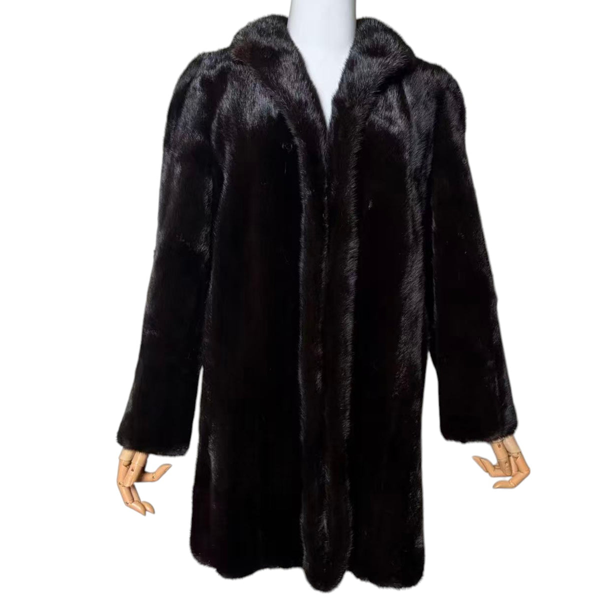 SAGA MINK REAL FUR COAT MID-LENGTH BLACK SHAWL COLLAR SIZE L JAPAN