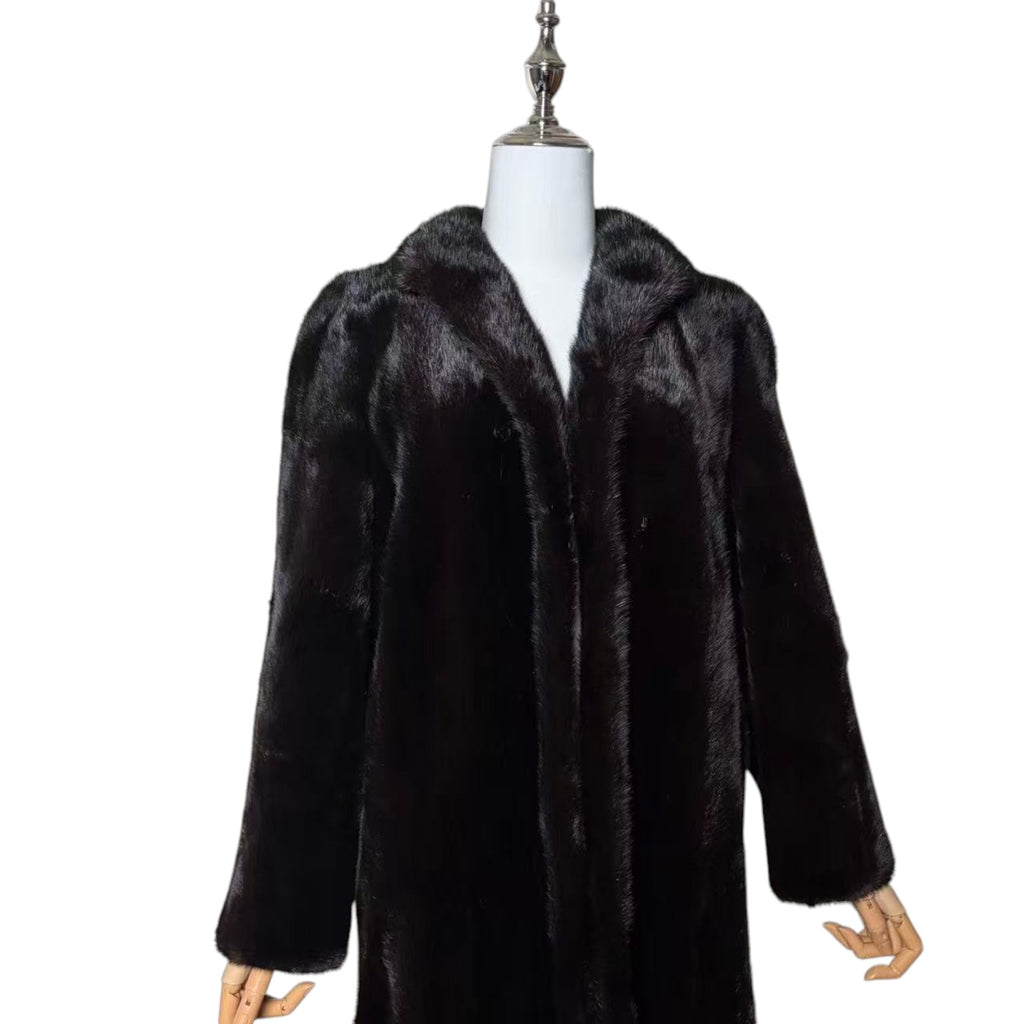 SAGA MINK REAL FUR COAT MID-LENGTH BLACK SHAWL COLLAR SIZE L JAPAN