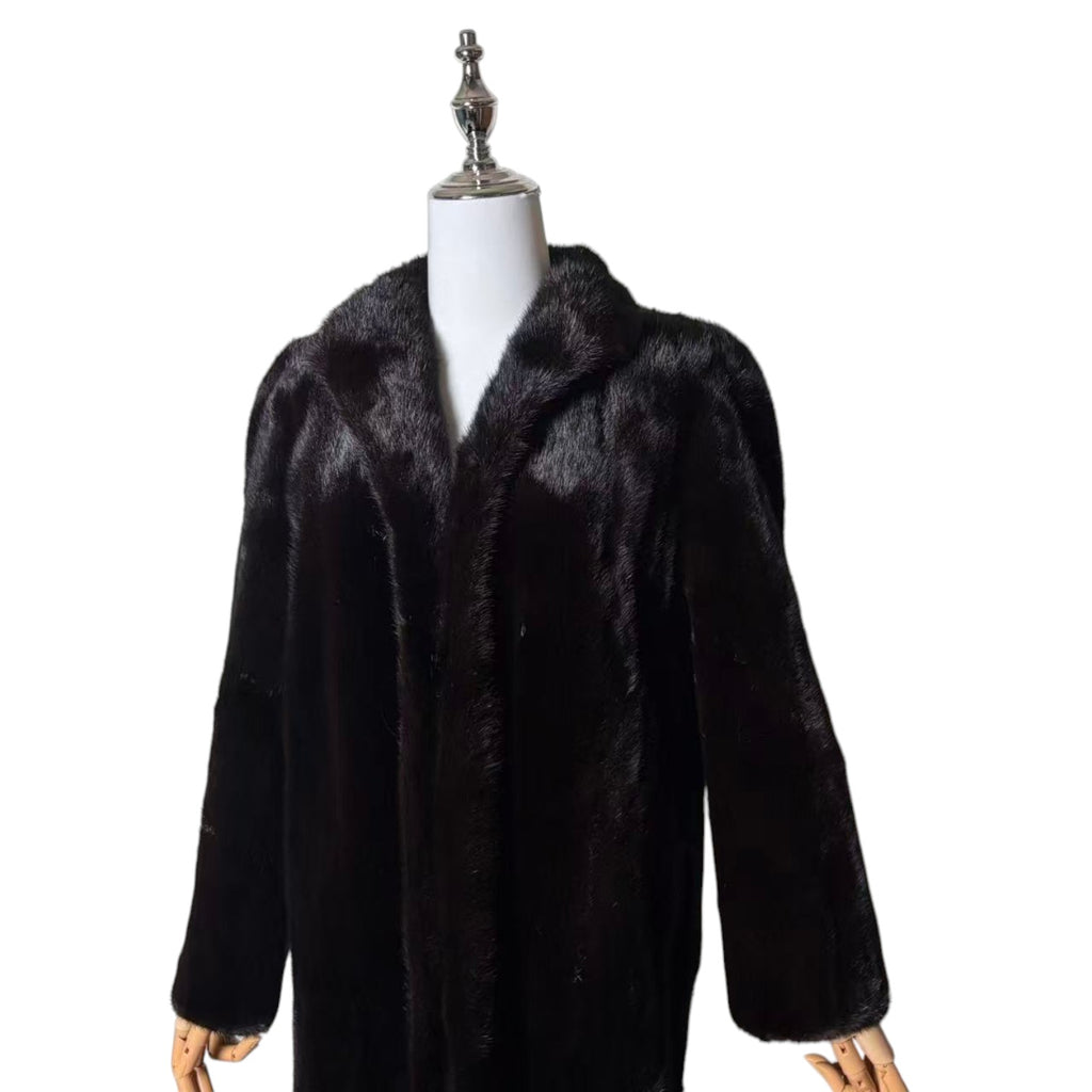 SAGA MINK REAL FUR COAT MID-LENGTH BLACK SHAWL COLLAR SIZE L JAPAN
