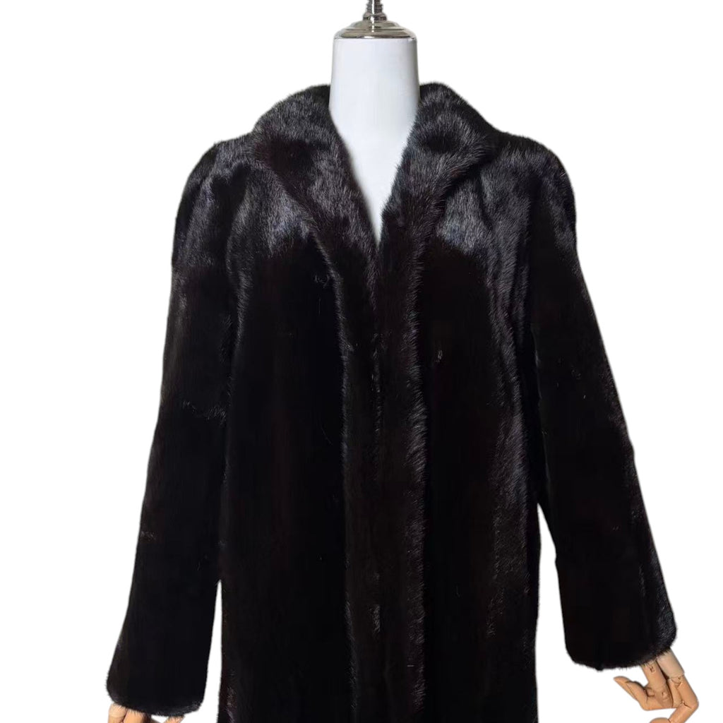 SAGA MINK REAL FUR COAT MID-LENGTH BLACK SHAWL COLLAR SIZE L JAPAN