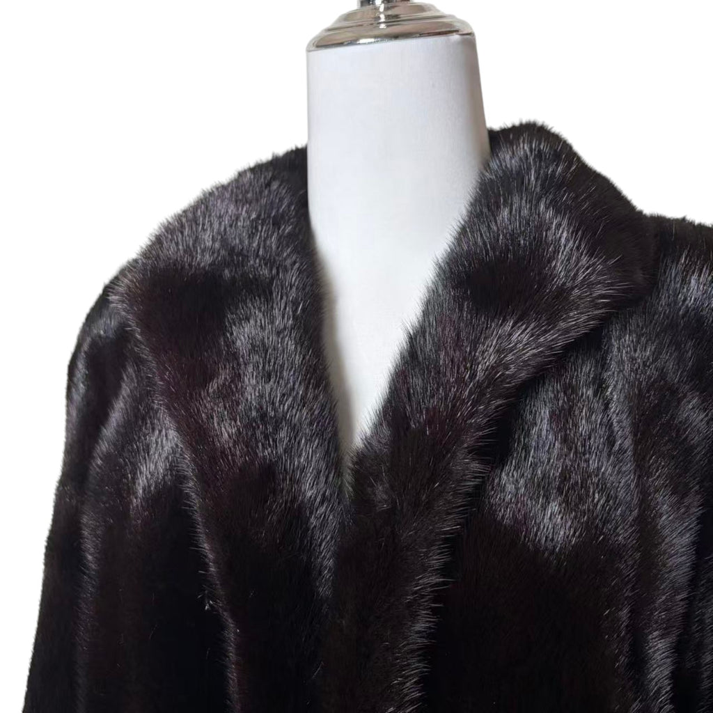 SAGA MINK REAL FUR COAT MID-LENGTH BLACK SHAWL COLLAR SIZE L JAPAN