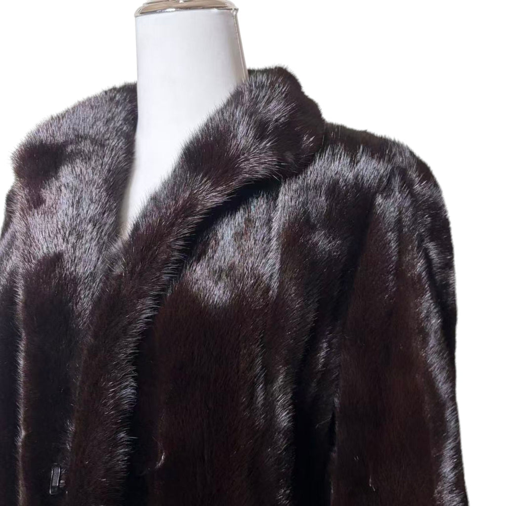 SAGA MINK REAL FUR COAT MID-LENGTH BLACK SHAWL COLLAR SIZE L JAPAN
